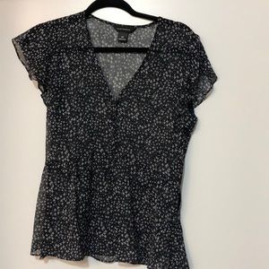 Club Monaco navy and white peplum silk top